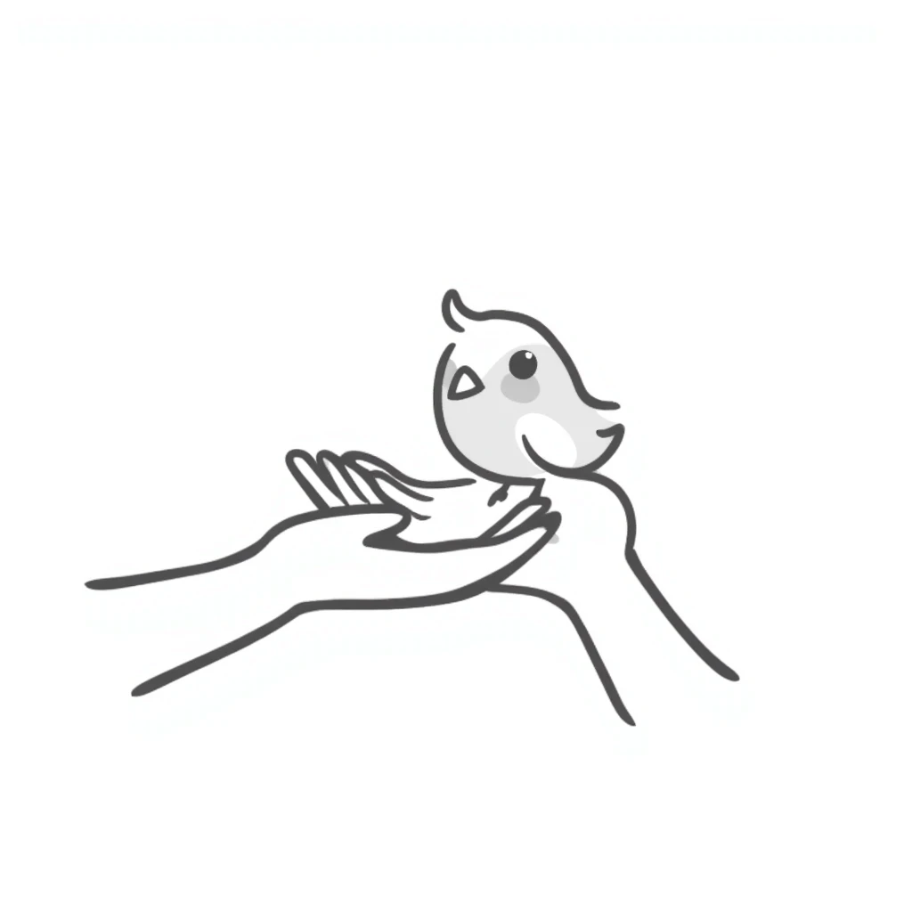 A small cute bird perched on an outstretched human hand/palm in pastel colors (dd9fb0, ffc6d3, a3bfc9, c4bee2, f1b091), hand-drawn doodle style emoji