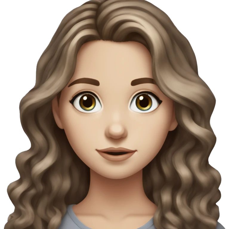White girl blue grey eyes with long wavy brown hair with brown highlights balayage  emoji