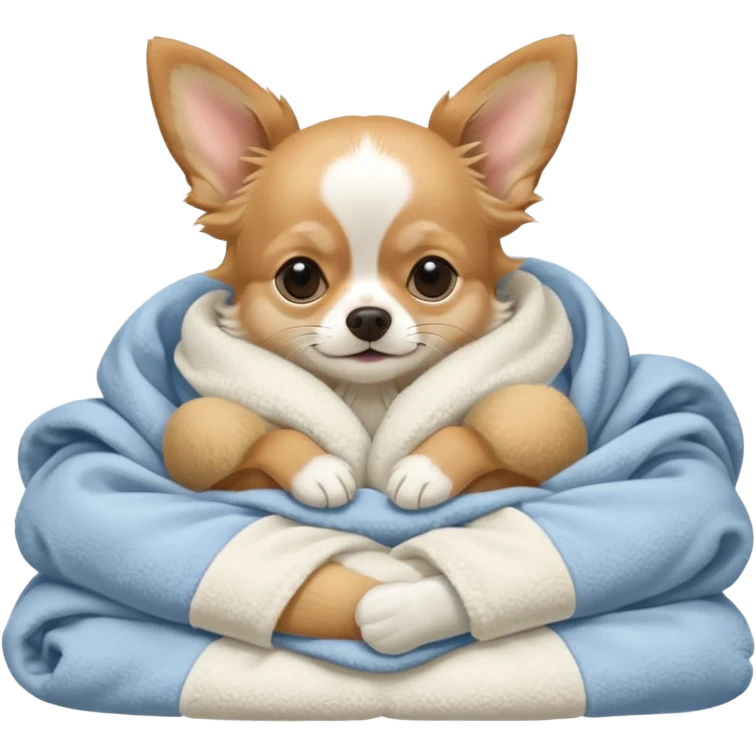 Long haired chihuahua, beige, with white chest and white socks, sleeping cutely under blanket emoji