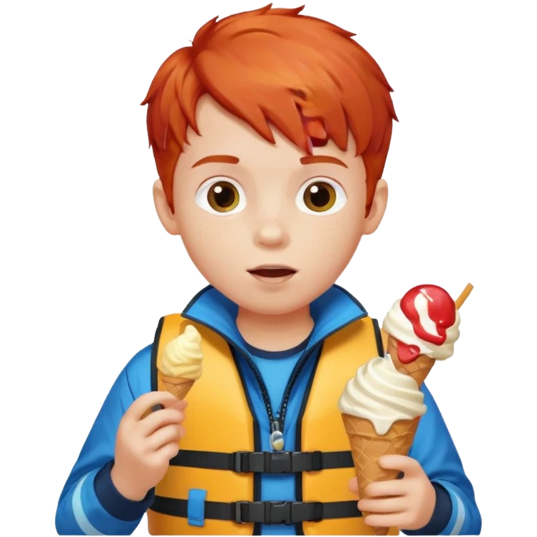 boy kid red haired wearing lifejacket, eating ice cream emoji