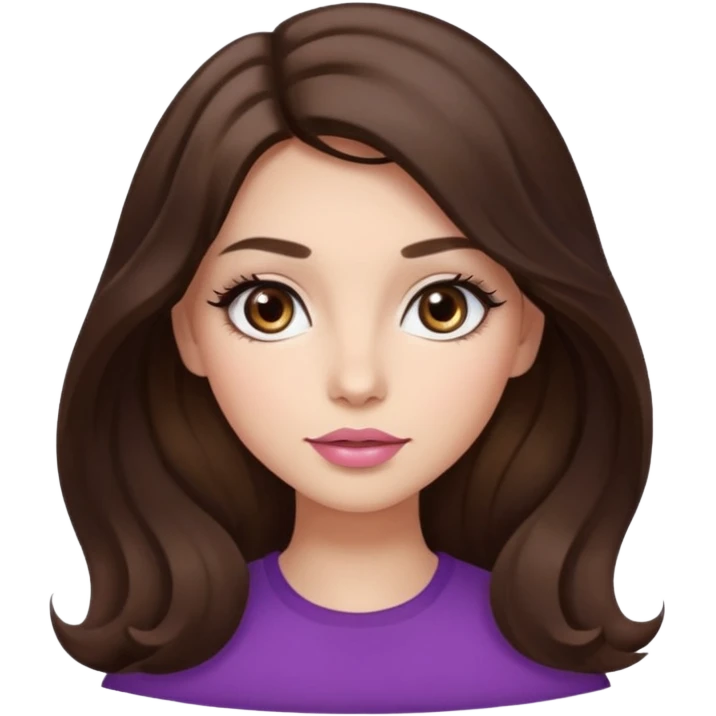 girl with wavy long dark brown hair, brown eyes, light to medium complexion, long lashes, almond shaped eyes, light pink lipstick, square shaped face emoji
