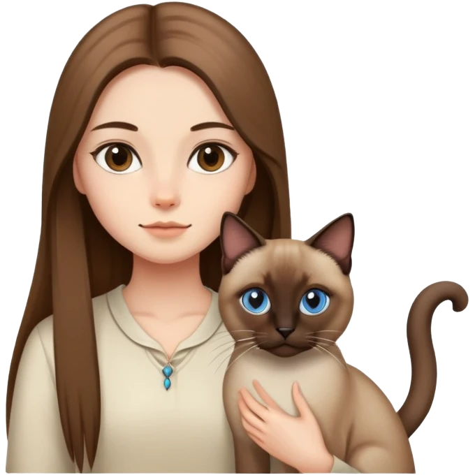 a  girl with brown  straight long hair and Siamese cat. emoji