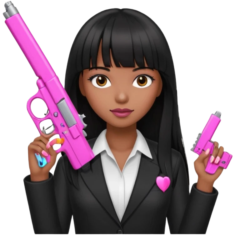 brownGirl long hair with bangs hand pink nails holding pink gun emoji