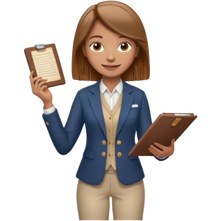 confident female character with straight light brown hair just below shoulders, smiling, academic-inspired outfit smart blazer or vest, light blouse, comfortable pants, standing like quest guide or mentor, holding scroll or digital tablet emoji