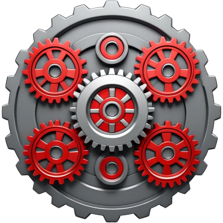 A 3D mechanical generator icon with interconnected gears, modern industrial style, red and gray color scheme, featuring:
- Multiple spinning gears in metallic gray
- Glowing red energy core in the center
- Subtle red light emissions between the gears
- Clean, technical aesthetic
- Smooth metallic textures
- Minimal shadows for depth
- Some gears slightly exposed outside the main frame
--ar 1:1
--style raw
--v 5.2
--no text
--c 15
--q 2 emoji