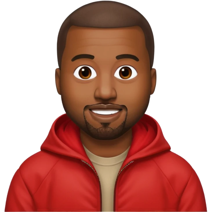 Kanye West wearing a red jacket, smiling, apple emoji style emoji
