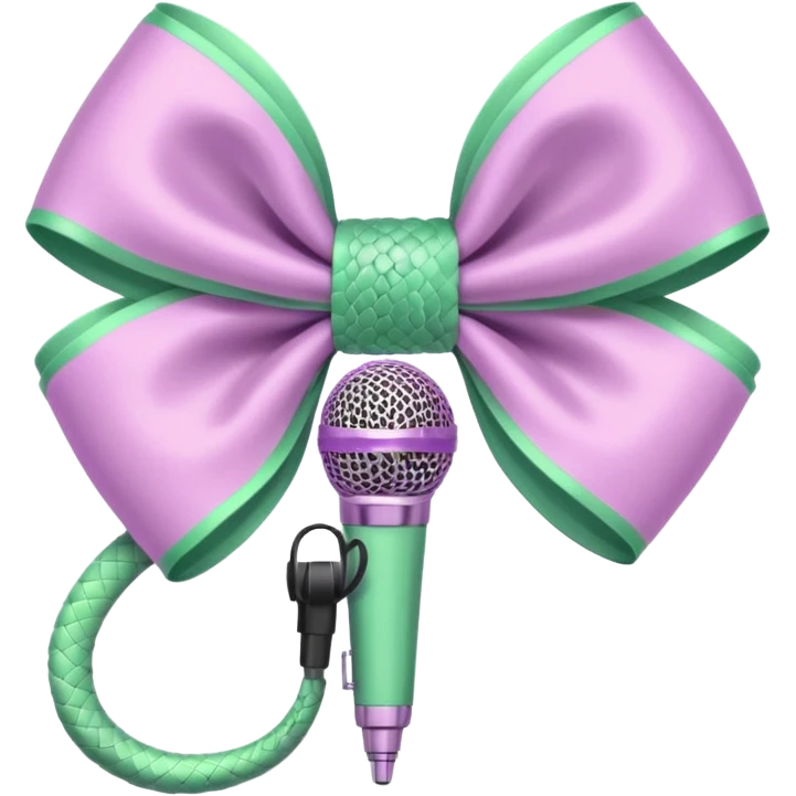 A pastel pink bow with a pastel green snake on the top of one side and a pastel purple microphone on the bottom of the other side emoji