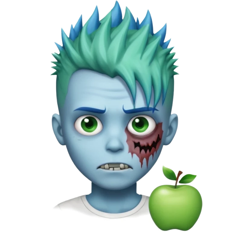 zombie boy with blue-tinted spiky hair, white shirt, cartoonish green face, apple emoji style emoji