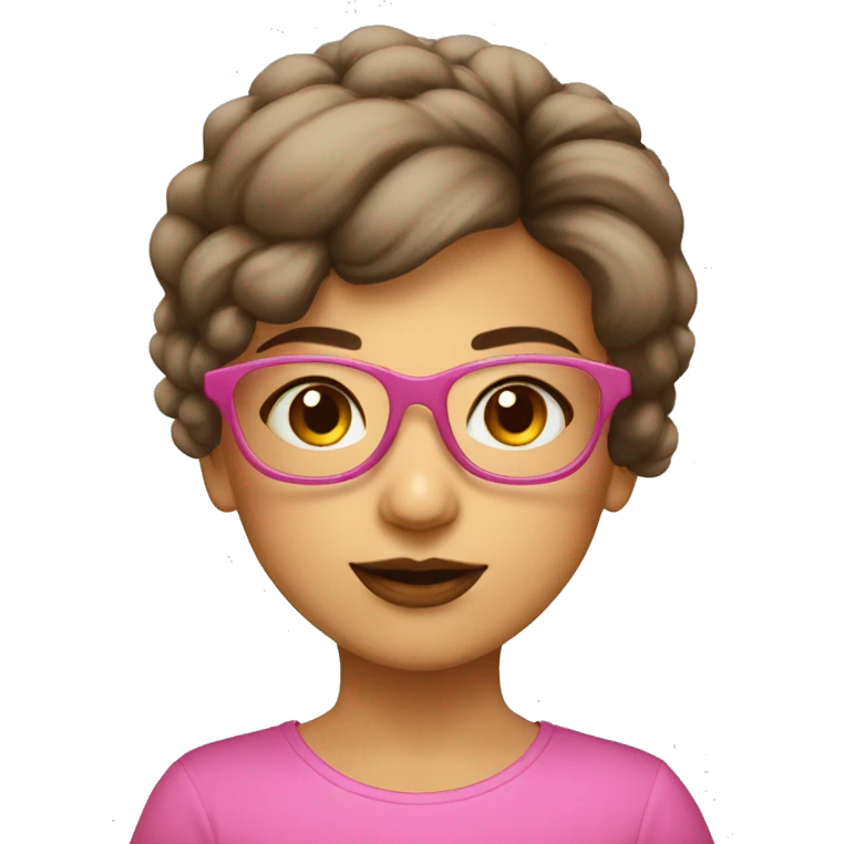 Niña con lentes rosado transparente, pelo corto de color castaño, ojos marrones,  emoji
