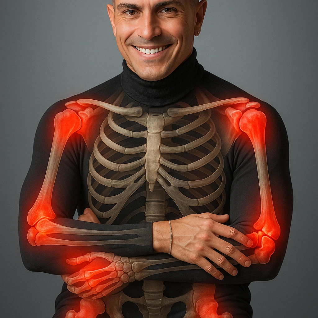 Create a series of 5 vertical images of a man (reference photo) with widespread joint pain, highlighting inflammation with an anatomical view. Show red zones on the joints, medical style, anatomical details, hyperrealism, variation 4. emoji