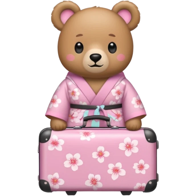 A cute light-brown bear wearing a pastel pink sakura-patterned kimono, normal balanced body ratio.  
Pulling a small suitcase with cheerful excited eyes, backpack on the back, ready for a trip.  
Kawaii emoji style, minimalistic clean sticker illustration, white background. emoji