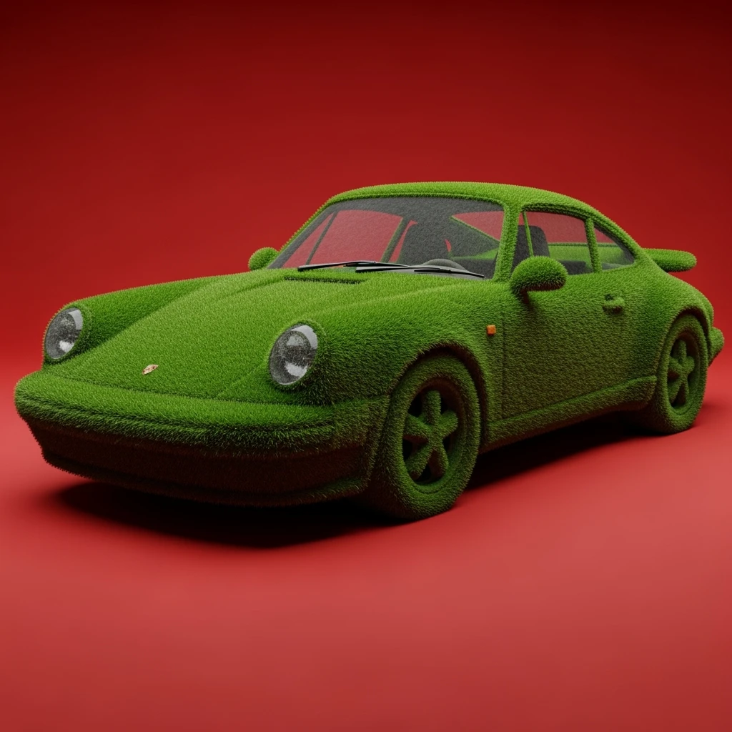 Medium shot of a porsche 911 made of green grass, red solid studio background, low keu light, top soft light, dutch angle,  captured by arri alexa emoji