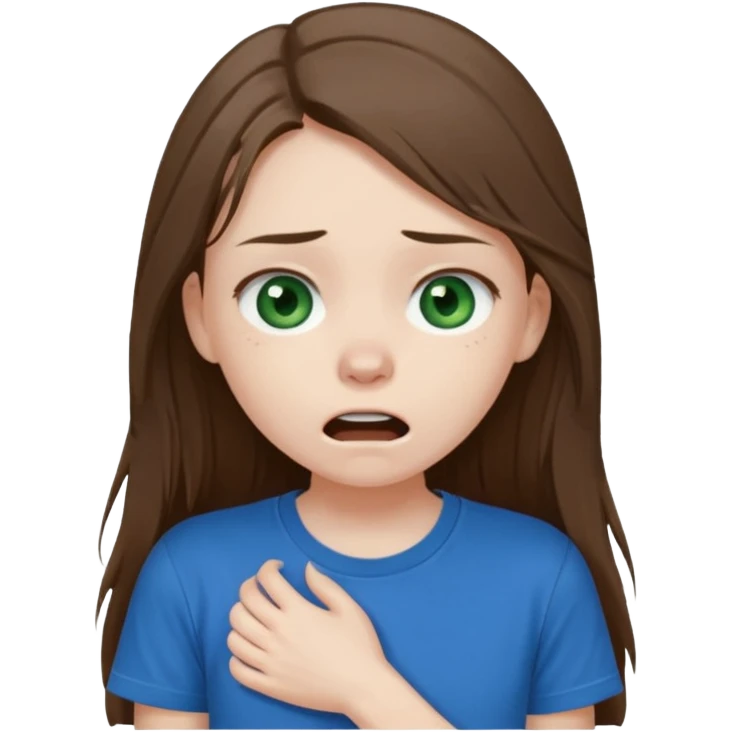 Cute girl with pale skin, long brown hair, dark green eyes, blue t shirt who is chocked emoji