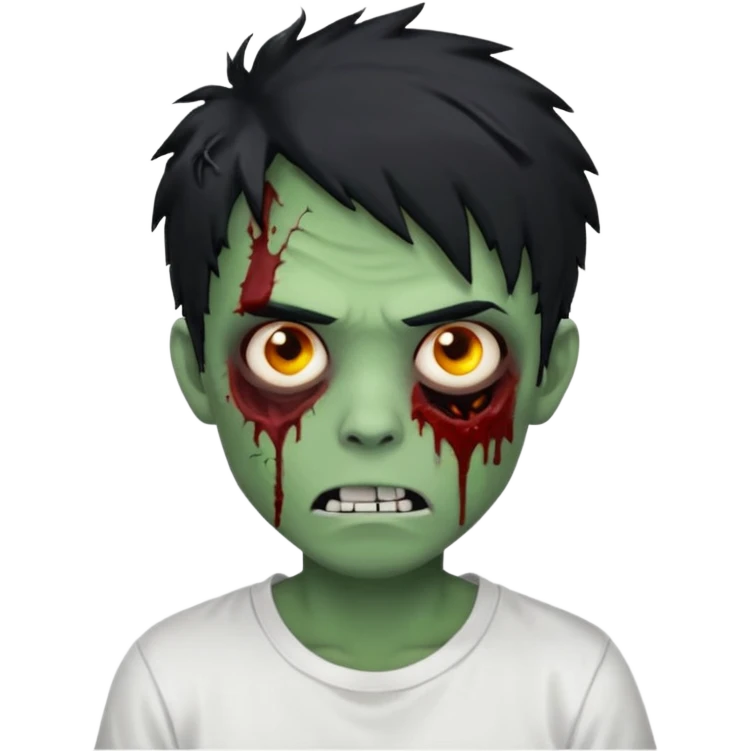 Rosto de frente classico de zombie boca meio torta cabelos medios grandes pretos bagunçados low fade com pele verde clara camiseta branca sem nenhum sangue no rosto e com cabelo bem adolescente e bagunçado emoji