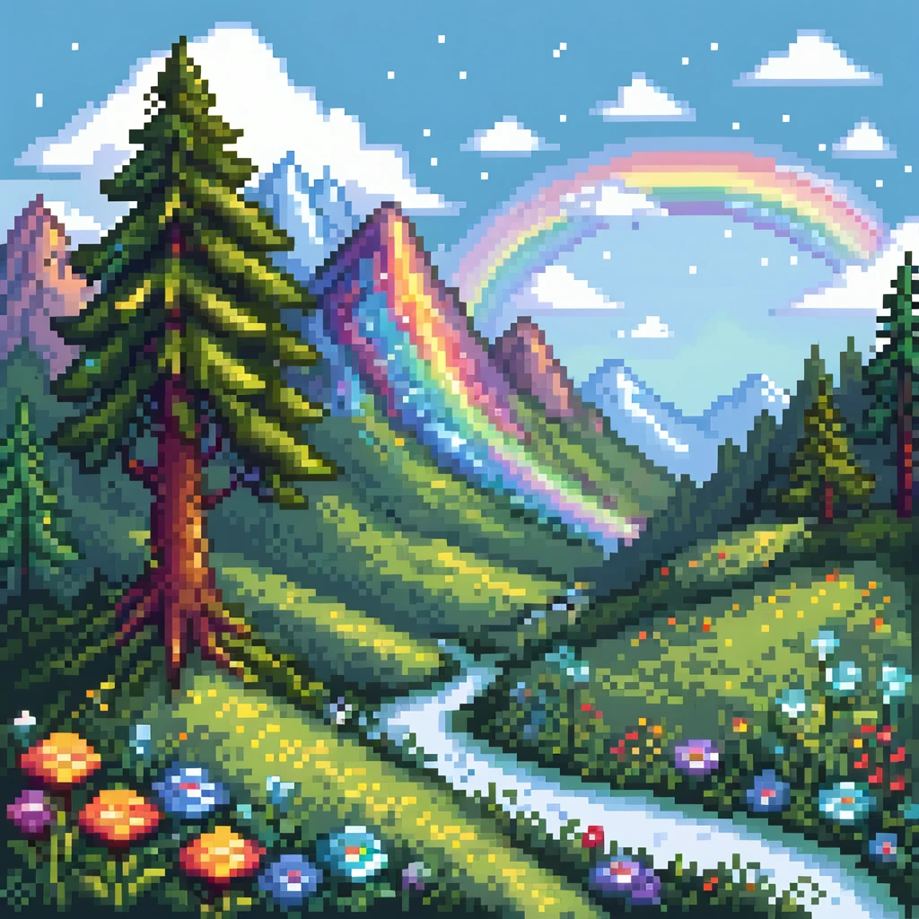 Enchanted meadow with rainbow and crystal mountains emoji