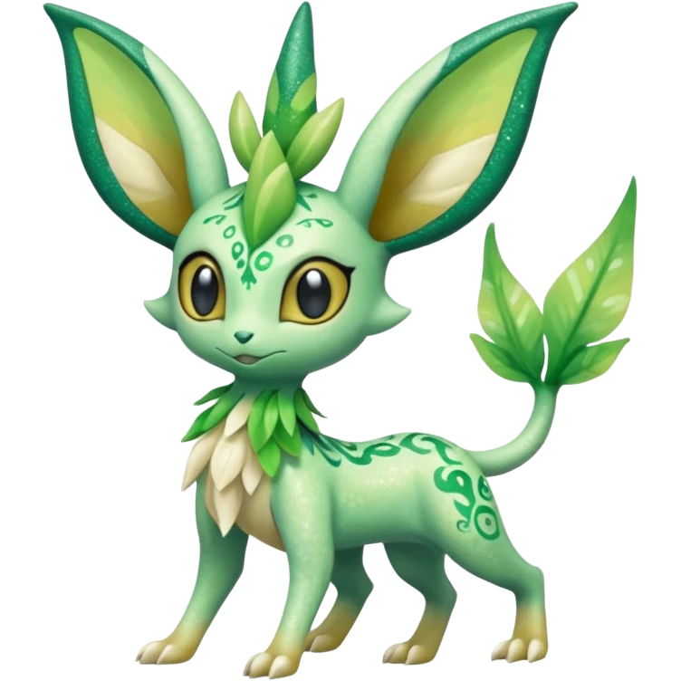 Sparkly White And Green Natural Flowery Colorful Grovyle-Leafeon-Celebi-Fakémon-hybrid-creature (full body)  emoji