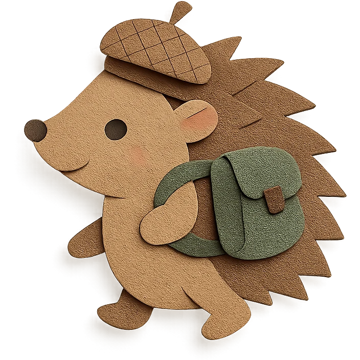 hedgehog with a tiny backpack and acorn hat, muted browns and sage green, paper-craft style emoji