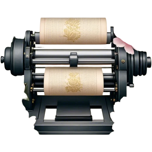 An old-fashioned letterpress printing studio, where stacks of aged parchment are printed with delicate golden floral motifs of soft pink roses and white peonies, as pearl butterflies rest gently on the warm paper.
 emoji