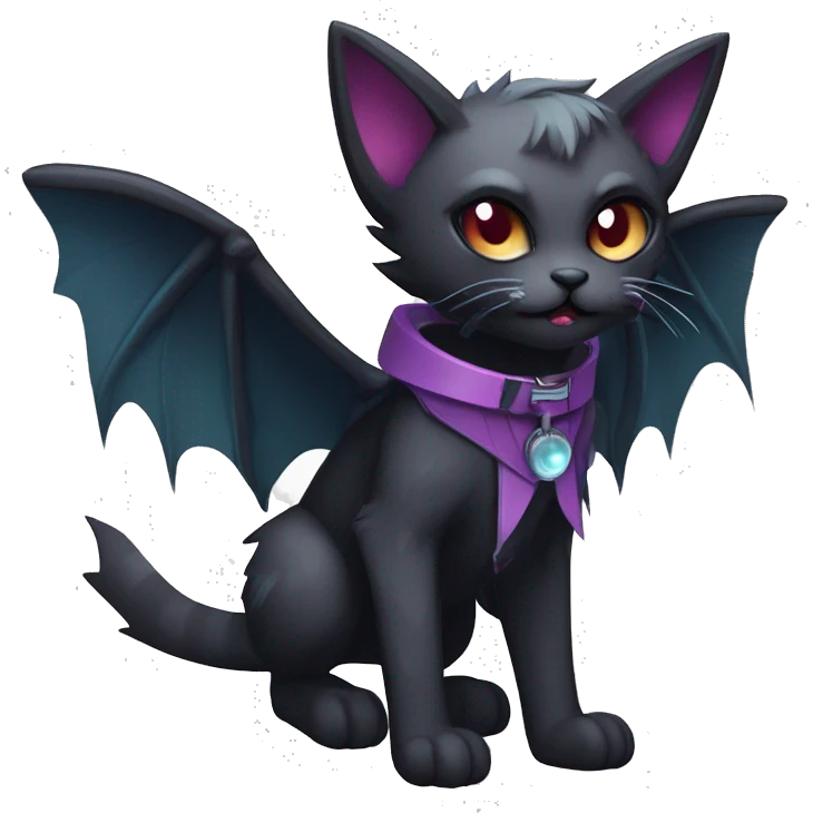   cool edgy kawaii ethereal dark-punk-themed animal vampiric cat-hybrid Fakemon with fangs and bat-wing-ears with a collar full body emoji