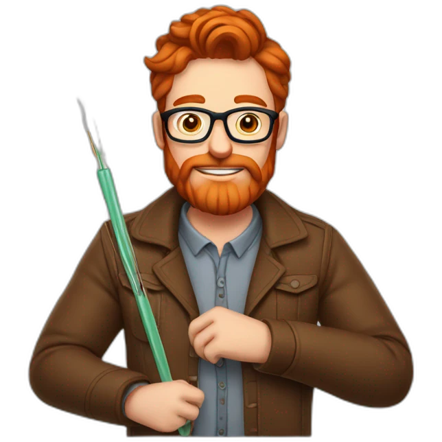 Red smooth haired man with beard and glasses making a saddle with needle and thread emoji