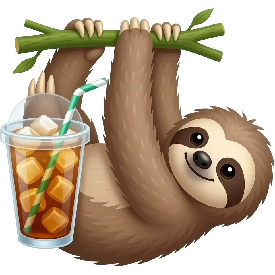 A sloth hanging holding iced tea emoji