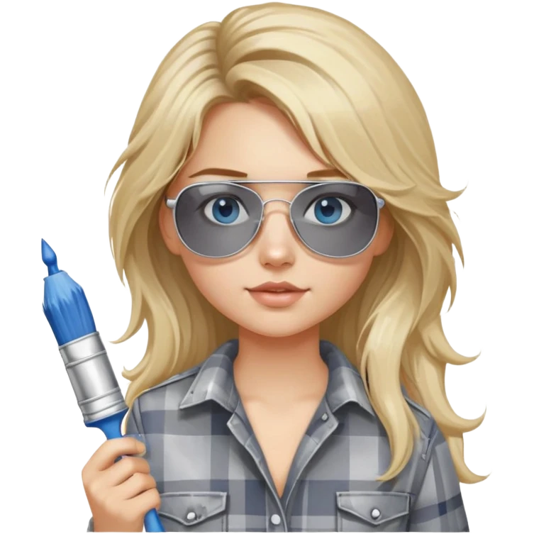 girl with long blond messy hair, wearing grey plaid shirt with blue eyes and aviator sunglasses wearing a ring on her silver necklace, holding a paint brush roller with a small bit of white paint on her face emoji