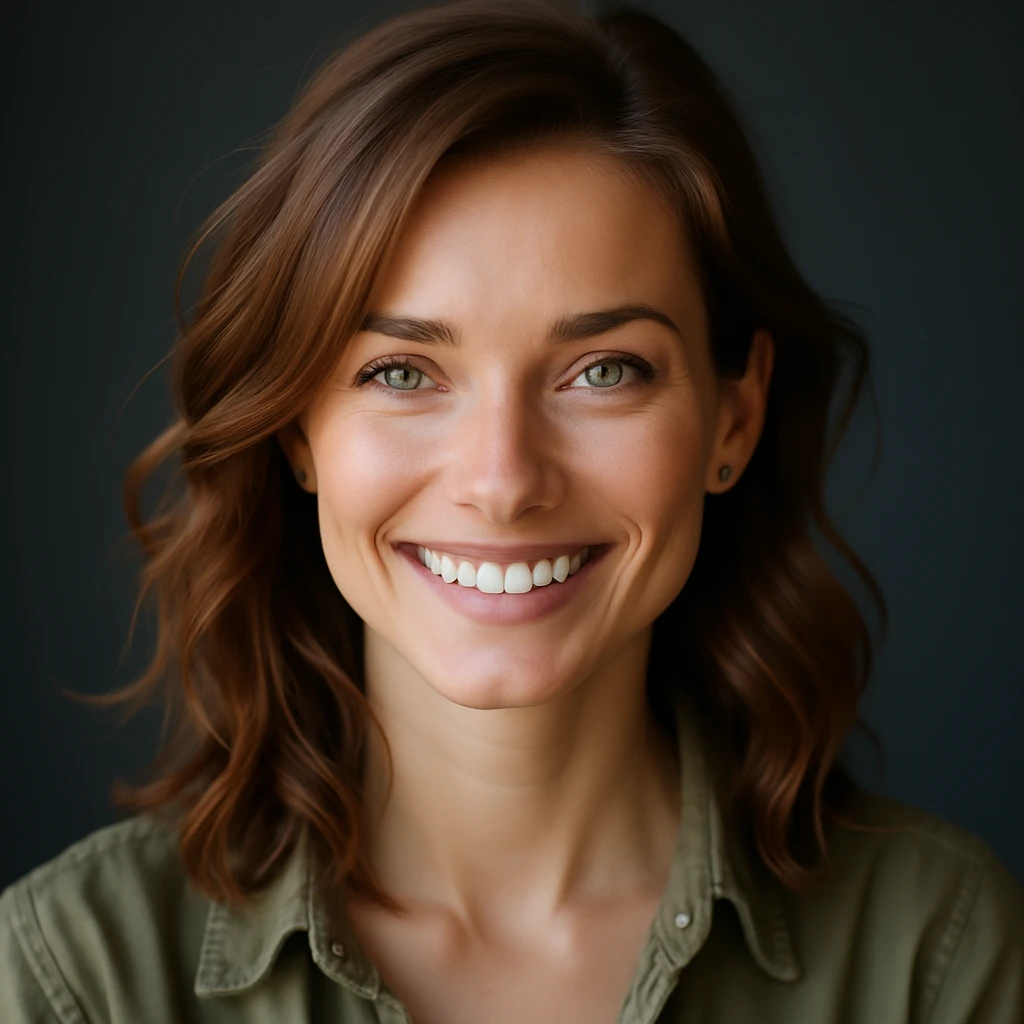Make the woman smile in realistic style. emoji