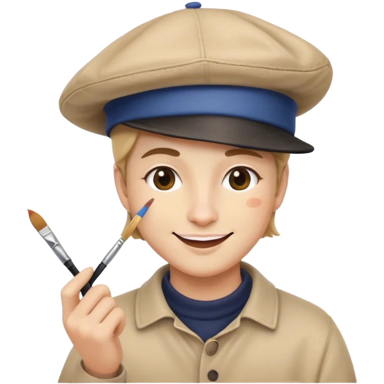 an illustration of myself wearing a French Artist's Hat, my forefinger and middle finger are posed on my chin, and are holding a paint brush, and I am smiling and looking mysterious emoji