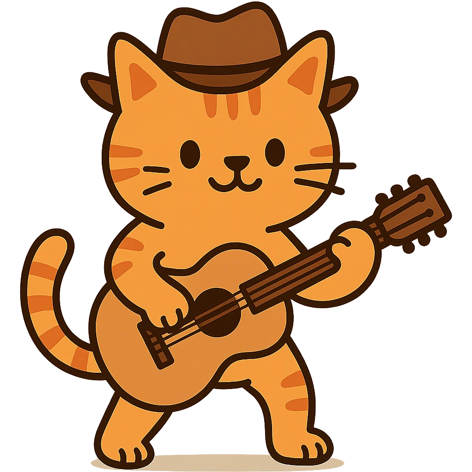 flat toon orange cowboy cat strumming an acoustic guitar  emoji