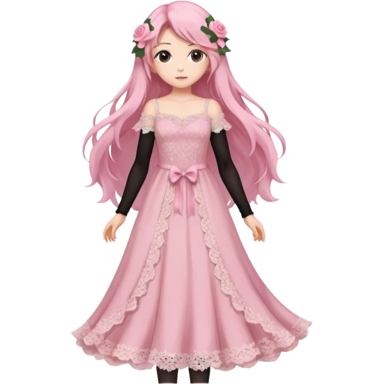 pastel anime woman with pink roses lace dress full body emoji