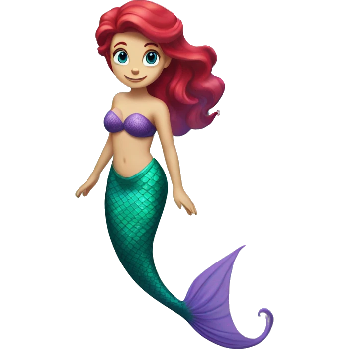 Ariel, the mermaid swimming. Her tail is green, her top is purple, and her hair is bright, red and wavy. She has pale skin and blue eyes. She is swimming. emoji