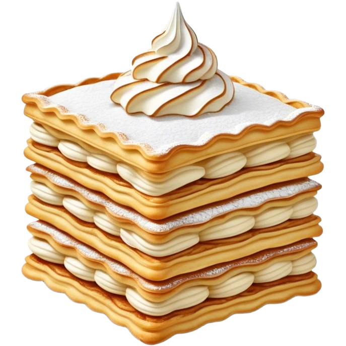 Cinematic Realistic Mille-Feuille Dessert Emoji, depicted as layered puff pastry with rich cream and a dusting of powdered sugar rendered with intricate textures and elegant, soft lighting. emoji