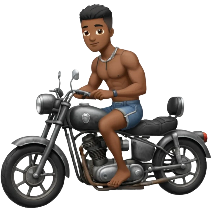 Black big men without shirt riding an old small motorcycle emoji