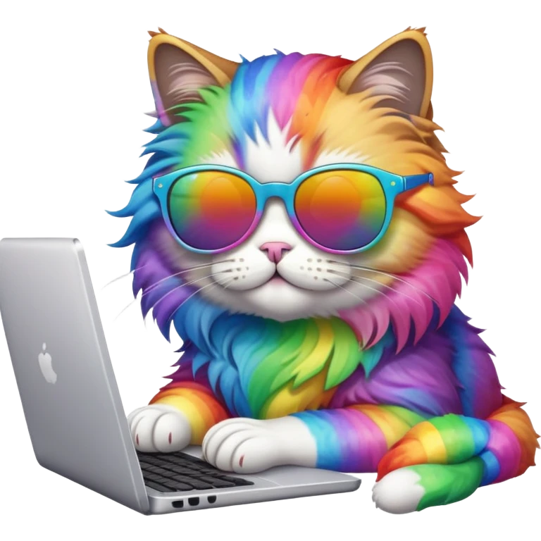 Cat with sunglasses working on computer in rainbow  emoji