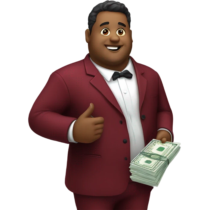 fat guy in dark red velvet suit holding cheque emoji