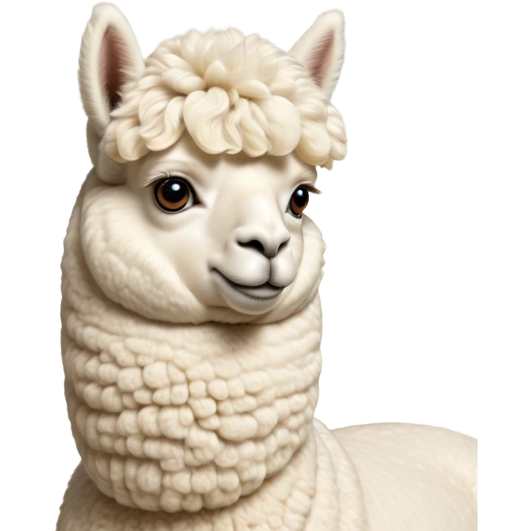 Cinematic Noble Cream Alpaca Portrait Emoji, Poised and regal, with a graceful, sturdy build and a luxuriously soft, well-groomed cream fleece, deep-set soulful gentle eyes, Simplified yet sharp and sophisticated features, highly detailed, glowing with a soft, dignified glow, high shine, intelligent and serene, stylized with an air of pastoral elegance, focused and attentive, soft glowing outline, capturing the essence of a watchful and confident companion, so majestic it feels as though it could stride out of the screen with effortless authority! emoji