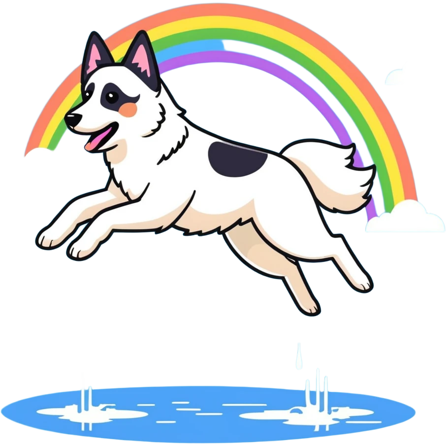 White belgian Shepard jumping over Rain puddles. There is a rainbow in the sky emoji