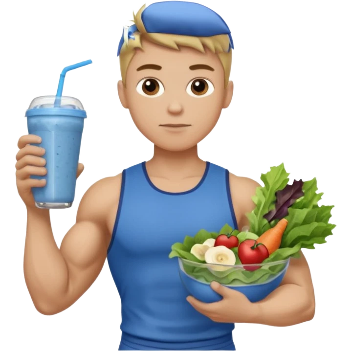 A young male person with a muscular, well-defined build. He has short dark blonde hair, a medium light skin tone, and a neutral facial expression. He wears blue cloth. He is holding a salad in one hand and a protein shake in the other. emoji