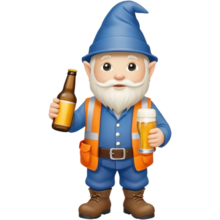 Garden gnome wearing construction clothes holding a bottle of beer emoji