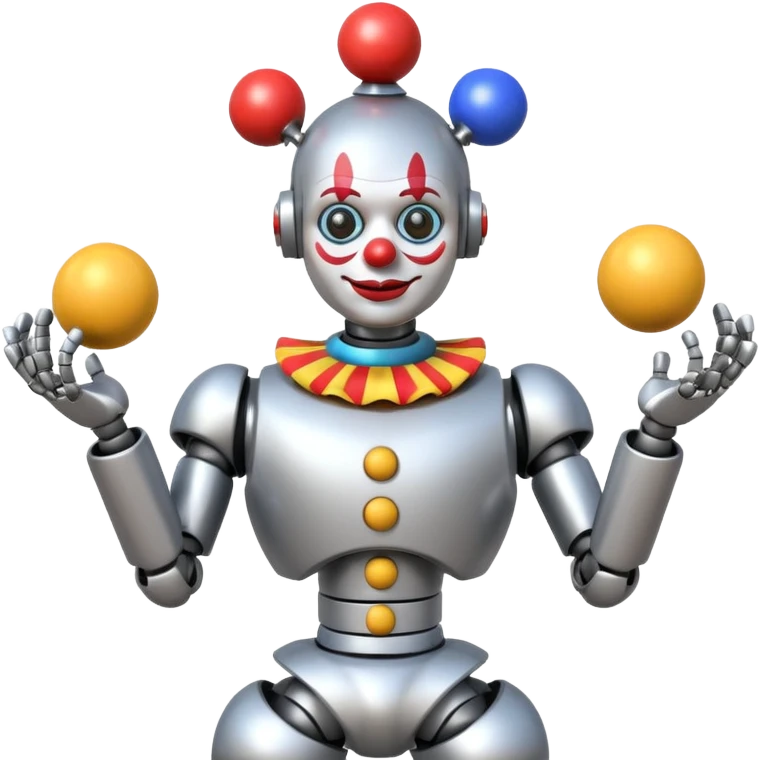a Circus clown robot juggling two metal ball emoji