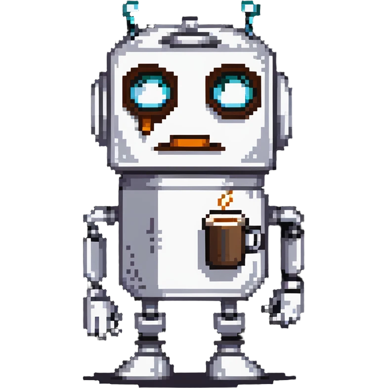 A sleepy robot with droopy eyes holding a coffee mug, looking exhausted emoji