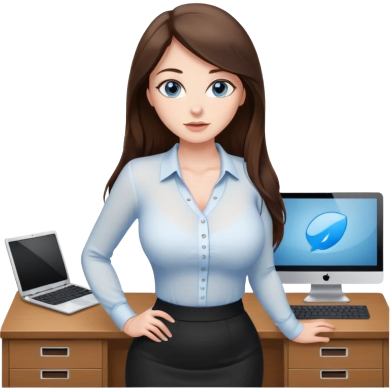 sexy woman brunette, very large breasts, pale skin, blue eyes, long brown hair, tight white blouse, short black skirt. office.  emoji