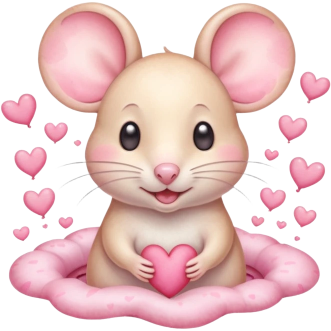 This is a cute watercolor illustration of a small, cream cartoon mouse with large, round, pink-lined ears. The mouse has heart eyes, a small open mouth, and is surrounded by floating pink hearts, conveying a feeling of love, adoration, or strong affection. emoji