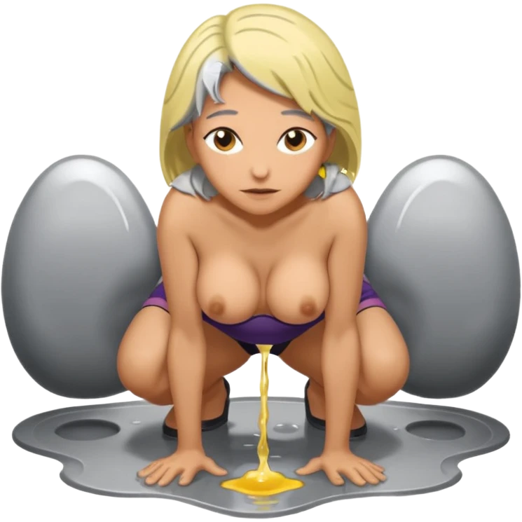A naked woman bending over peeing on the floor leaving a puddle behind, pussy, big boob's, grey hair emoji