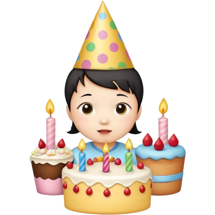 with chines cute baby wearing birthday hat with birthday cake emoji