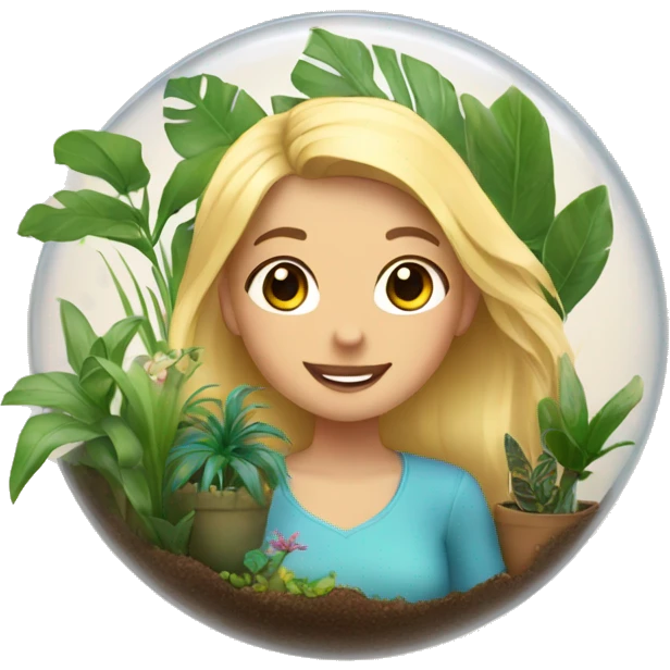 create a blonde girl holding a terrarium of tropical plants emoji