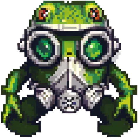 a frog wearing a gas mask, lurking in the shadows like a stalker emoji
