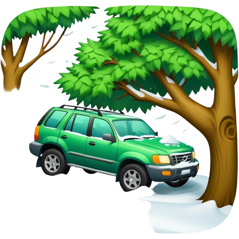 Green suv hit a tree in the snow  emoji