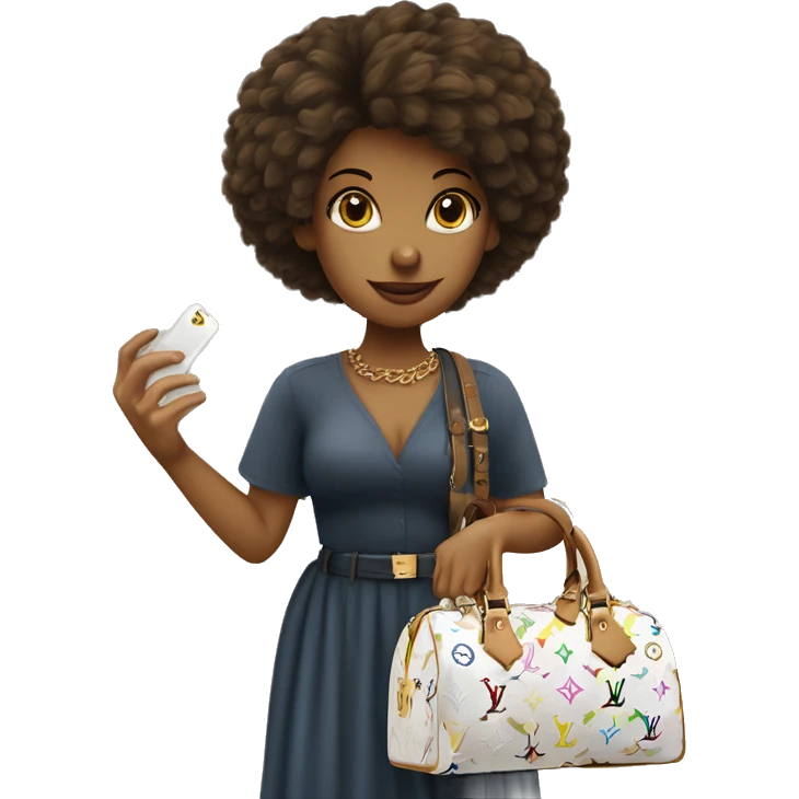 Chica de pelo lacio con vesrido blanco llevando un bolso louis vuitton en la mano emoji