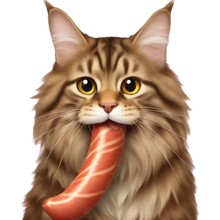 Maine coon eats a big sausage emoji
